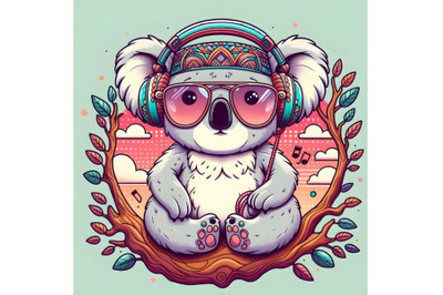 Cool Cartoon Koala in glasses and headphones is sitting on a tree