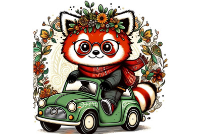 Cartoon red panda boy in glasses goes on a Green car