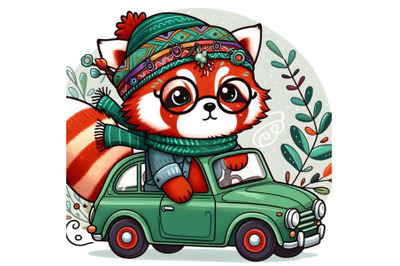 Cartoon red panda boy in glasses goes on a Green car