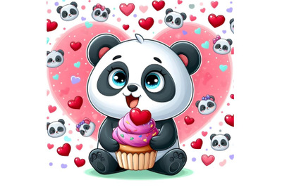 Cartoon Panda with Cupcake on a hearts background