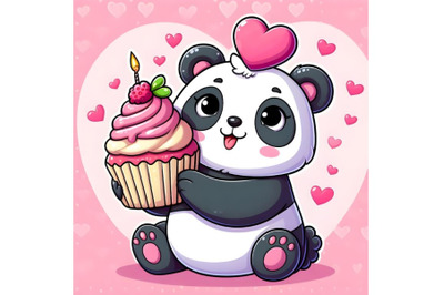 Cartoon Panda with Cupcake on a hearts background