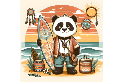 Cartoon panda standing with a surf on the beach