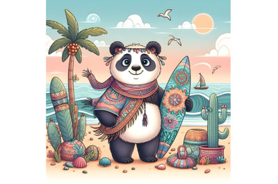 Cartoon panda standing with a surf on the beach