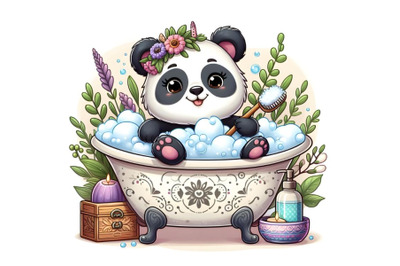 cartoon panda indulging in bubble bath within small bathtub