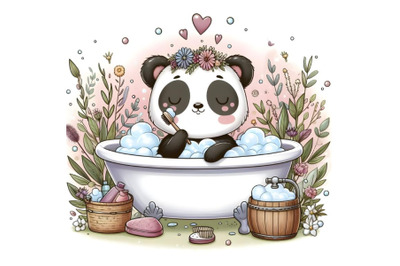 cartoon panda indulging in bubble bath within small bathtub