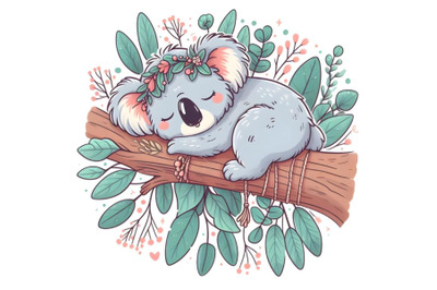 Cartoon koala sleeping on tree with eucalyptus leaves