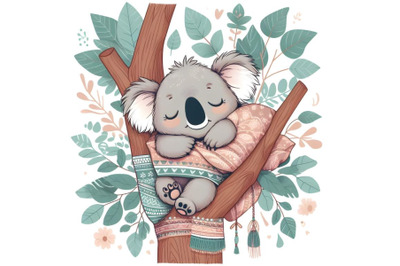 Cartoon koala sleeping on tree with eucalyptus leaves