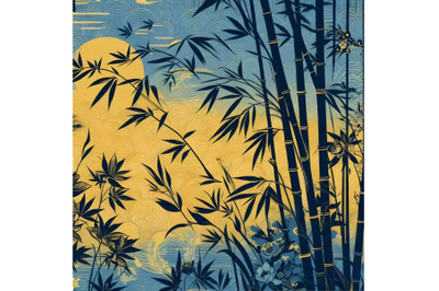 bamboo branches on background with floral pattern