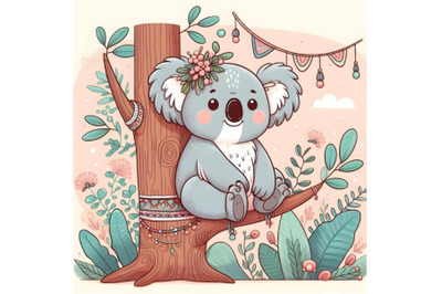 Cartoon Koala is sitting on a tree