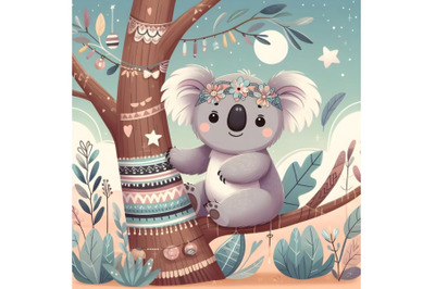 Cartoon Koala is sitting on a tree