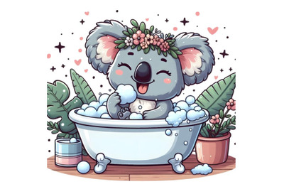 cartoon koala indulging in bubble bath within small bathtub