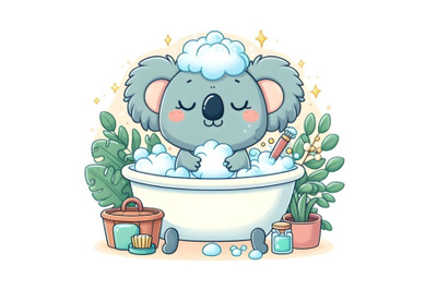 cartoon koala indulging in bubble bath within small bathtub