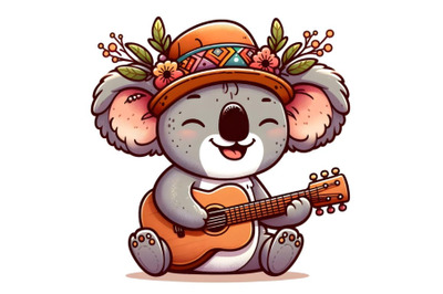 Cartoon Koala in a cap is playing guitar