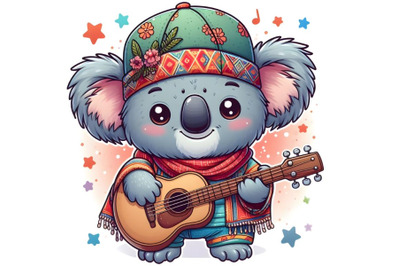 Cartoon Koala in a cap is playing guitar