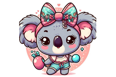 Cartoon Koala girl with a bow and bubble gum