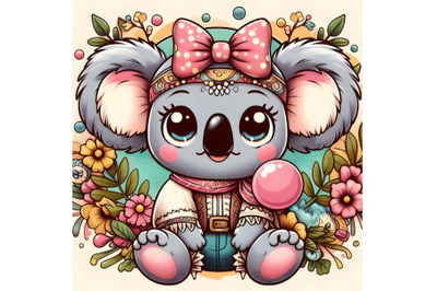 Cartoon Koala girl with a bow and bubble gum