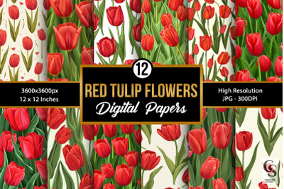 Red Tulip Flowers Garden Seamless Patterns