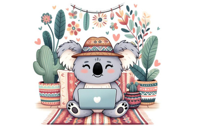 Cartoon koala cartoon character with laptop