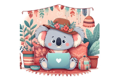 Cartoon koala cartoon character with laptop