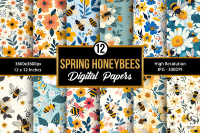 Spring Floral Honeybees Seamless Patterns