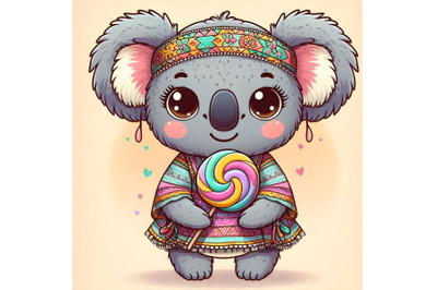 Cartoon baby Koala in a dress with Lollipop