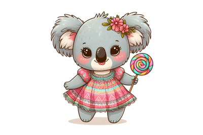 Cartoon baby Koala in a dress with Lollipop