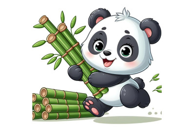 baby panda is running with the bamboo