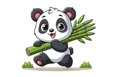 baby panda is running with the bamboo