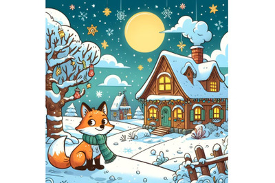 Winter landscape with a house and a fox