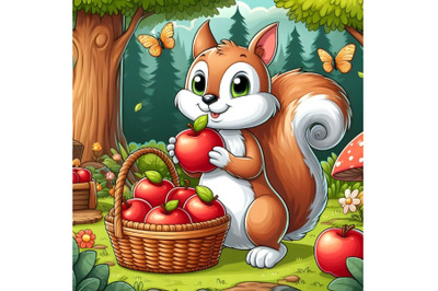 Squirrel holding a basket of apple with background forest