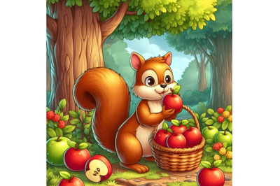 Squirrel holding a basket of apple with background forest