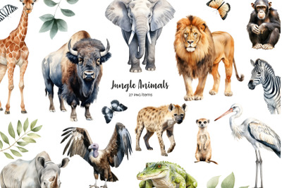 Watercolor Safari animals clipart. 21 jungle animals clip art. Safari