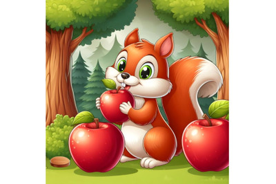 Squirrel eating apple with forest background