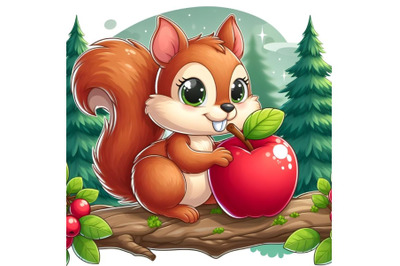 Squirrel eating apple with forest background