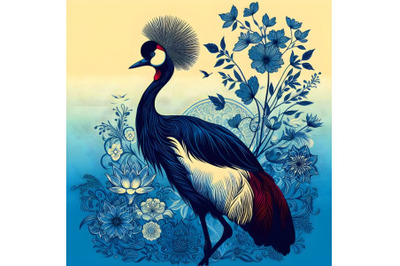 Red-crowned Crane on background with floral pattern