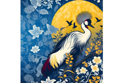 Red-crowned Crane on background with floral pattern