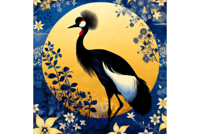 Red-crowned Crane on background with floral pattern