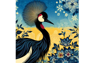 Red-crowned Crane on background with floral pattern