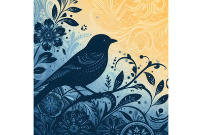 silhouette of bird on background with floral pattern