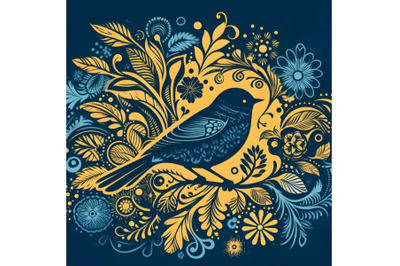 silhouette of bird on background with floral pattern