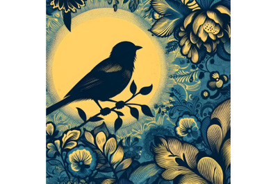 silhouette of bird on background with floral pattern