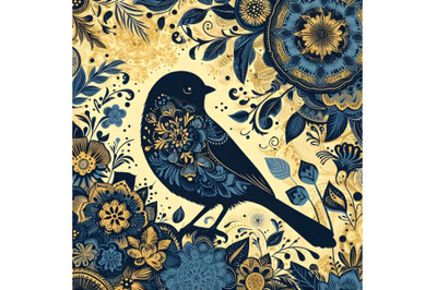 silhouette of bird on background with floral pattern