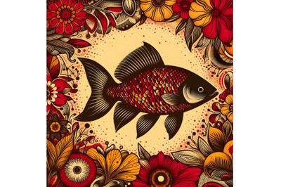 silhouette of fish on background with floral pattern