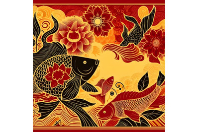 silhouette of fish on background with floral pattern