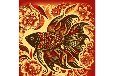 silhouette of fish on background with floral pattern