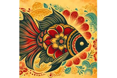 silhouette of fish on background with floral pattern