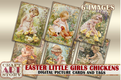 Easter little girls Chickens Collage Digital picture cards