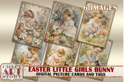 Easter little girls Kittens Collage Digital picture cards