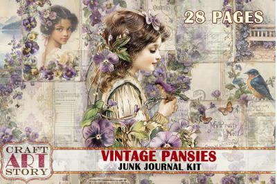 Pansies Junk Journal Kit,scrapbook printables digital papers
