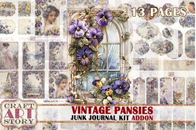 Pansies Junk Journal Kit ADDON,scrapbook printables papers